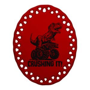 Funny Crushing It T Rex Dinosaur In Monster Truck Ceramic Oval Ornament