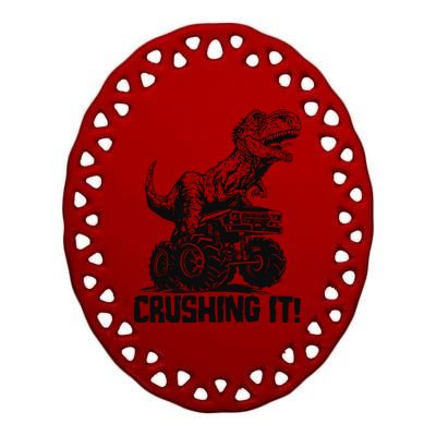 Funny Crushing It T Rex Dinosaur In Monster Truck Ceramic Oval Ornament