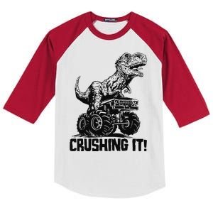 Funny Crushing It T Rex Dinosaur In Monster Truck Kids Colorblock Raglan Jersey