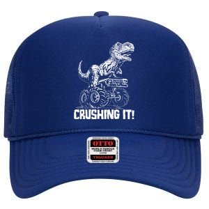 Funny Crushing It T Rex Dinosaur In Monster Truck High Crown Mesh Back Trucker Hat