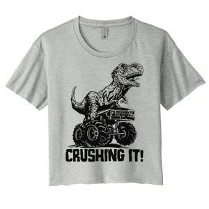 Funny Crushing It T Rex Dinosaur In Monster Truck Women's Crop Top Tee