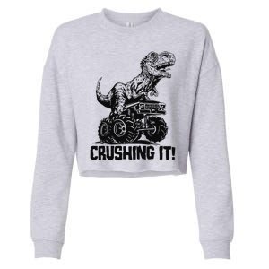 Funny Crushing It T Rex Dinosaur In Monster Truck Cropped Pullover Crew