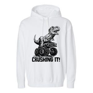 Funny Crushing It T Rex Dinosaur In Monster Truck Garment-Dyed Fleece Hoodie