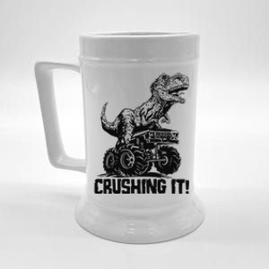 Funny Crushing It T Rex Dinosaur In Monster Truck Beer Stein