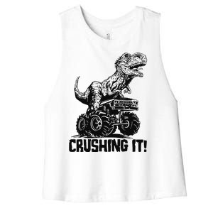 Funny Crushing It T Rex Dinosaur In Monster Truck Women's Racerback Cropped Tank