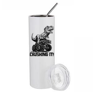 Funny Crushing It T Rex Dinosaur In Monster Truck Stainless Steel Tumbler