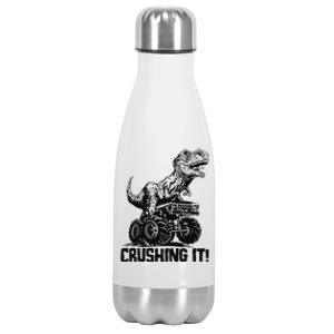 Funny Crushing It T Rex Dinosaur In Monster Truck Stainless Steel Insulated Water Bottle