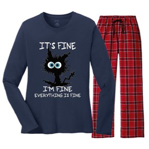 Funny cat It's Fine I'm Fine Everything Is Fine cat kitty Women's Long Sleeve Flannel Pajama Set 