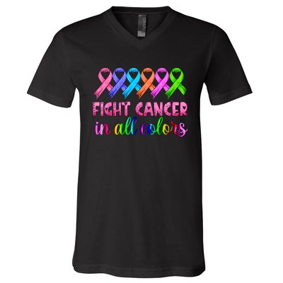 Fight Cancer In All Color Feather Breast Cancer Awareness V-Neck T-Shirt