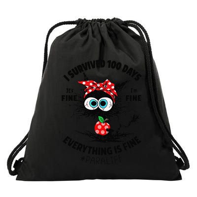 Funny Cat I Survived 100 Days Its Fine IM Fine Para Life Drawstring Bag