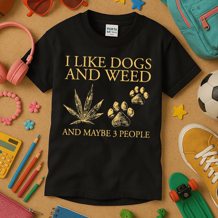 Funny Cannabis I Like Dogs And Weed And Maybe 3 People Gift Kids T-Shirt