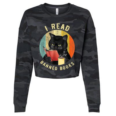 Funny Cat I Read Banned Books Bookworms Loves Reading Books Cropped Pullover Crew