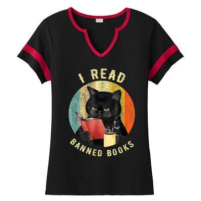 Funny Cat I Read Banned Books Bookworms Loves Reading Books Ladies Halftime Notch Neck Tee