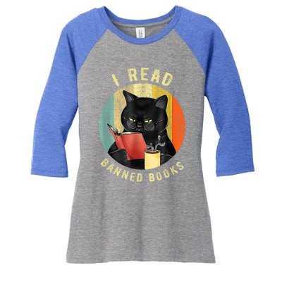 Funny Cat I Read Banned Books Bookworms Loves Reading Books Women's Tri-Blend 3/4-Sleeve Raglan Shirt