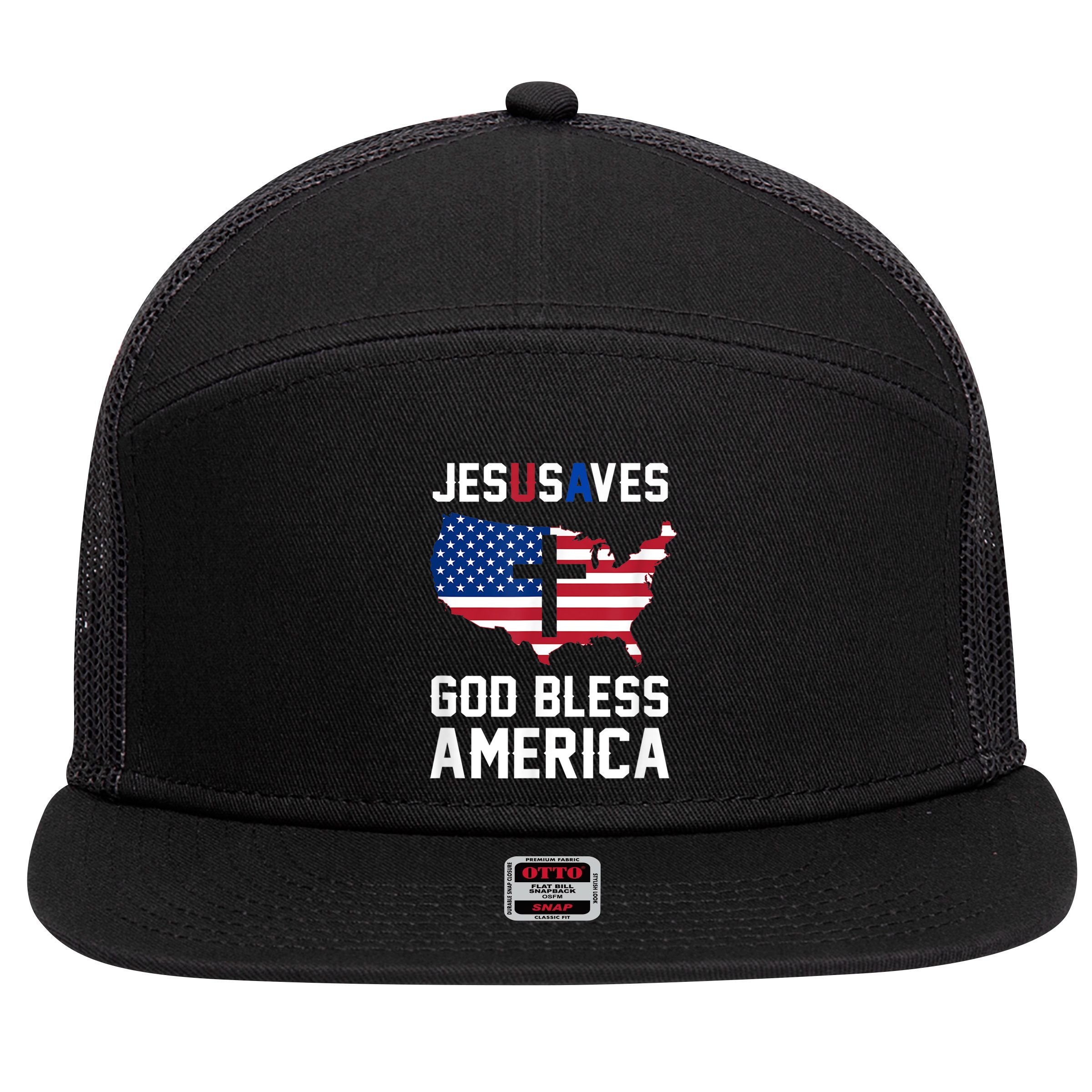 Funny Christian Jesus Saves Patriotic USA God Bless America 7 Panel Mesh Trucker Snapback Hat