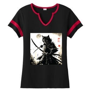 Funny Cat Japanese Samurai Ukiyoe Art Ladies Halftime Notch Neck Tee