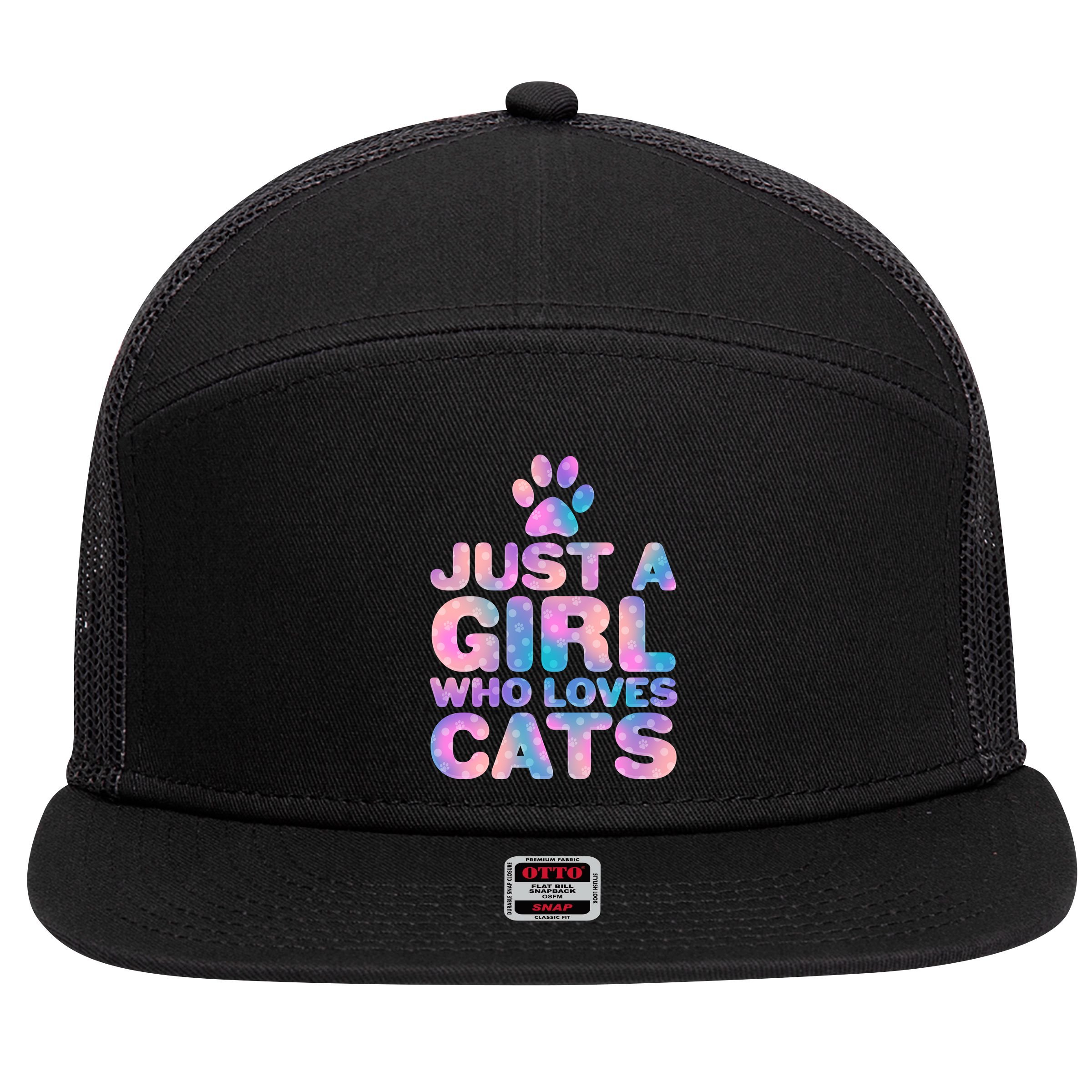 Funny Cute Just A Girl Who Loves Cats 7 Panel Mesh Trucker Snapback Hat