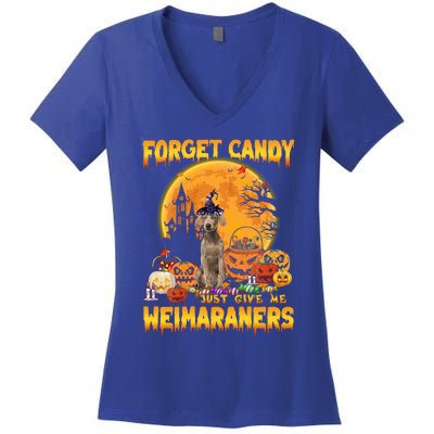 Forget Candy Just Give Me Weimaraners Pumpkin Halloween Gift Women's V-Neck T-Shirt