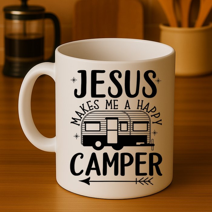 Funny Christian Jesus Makes Me A Happy Camper Mug