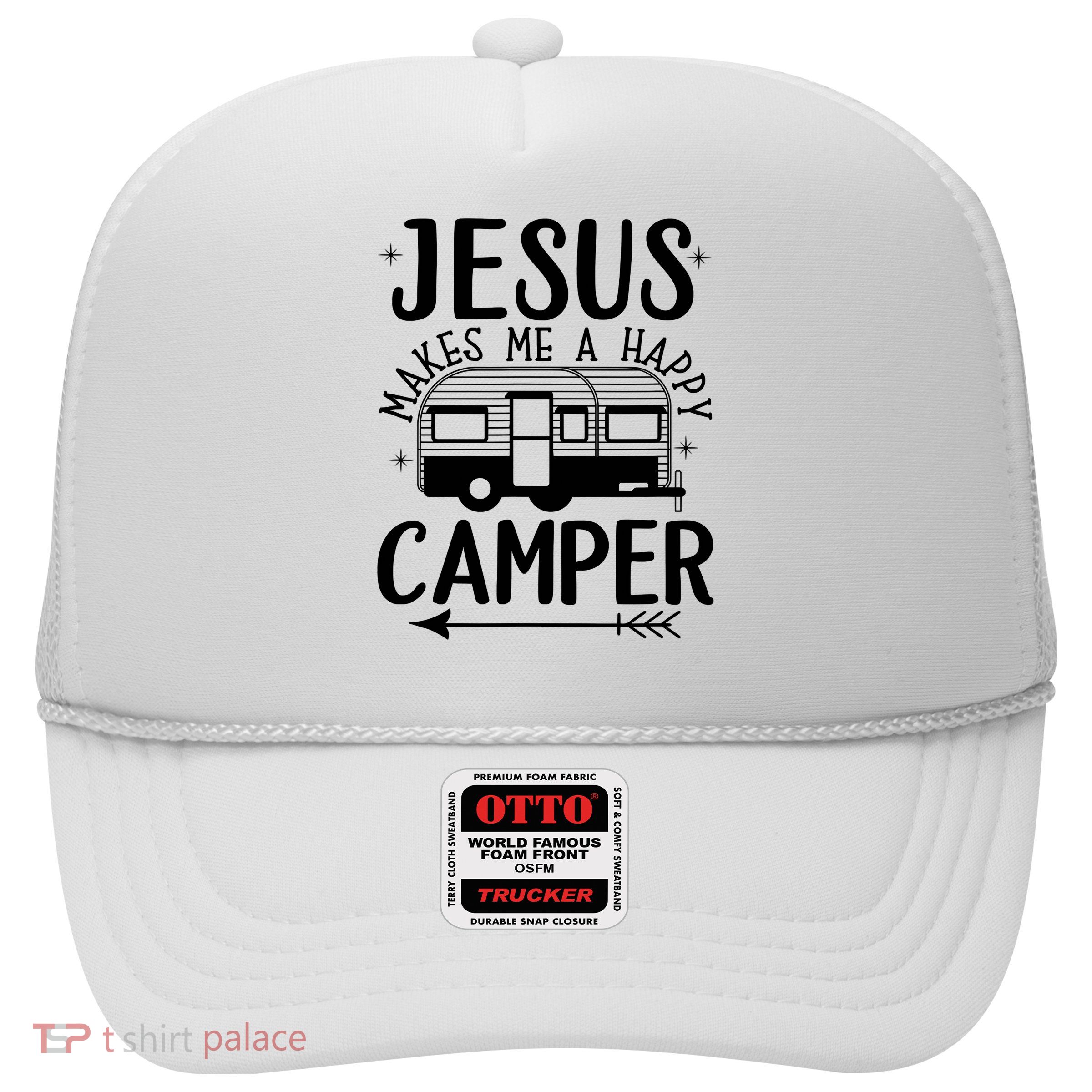 Funny Christian Jesus Makes Me A Happy Camper Trucker Hat
