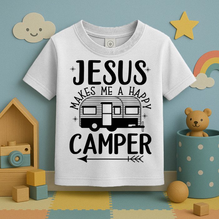 Funny Christian Jesus Makes Me A Happy Camper Toddler T-Shirt