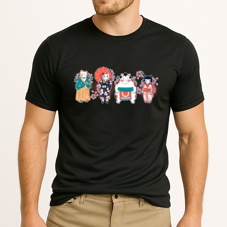 Funny Cute Japanese Cat Neko Family Cooling Performance Crew T-Shirt