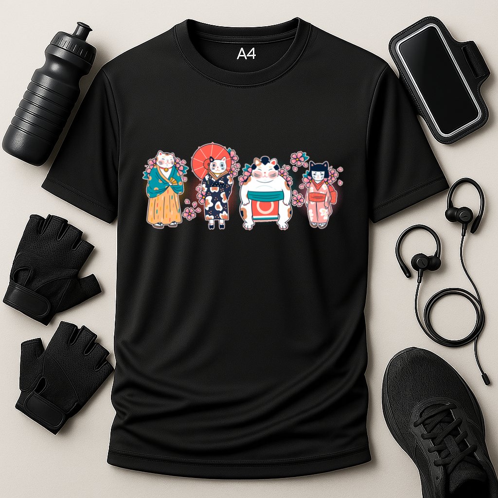 Funny Cute Japanese Cat Neko Family Cooling Performance Crew T-Shirt