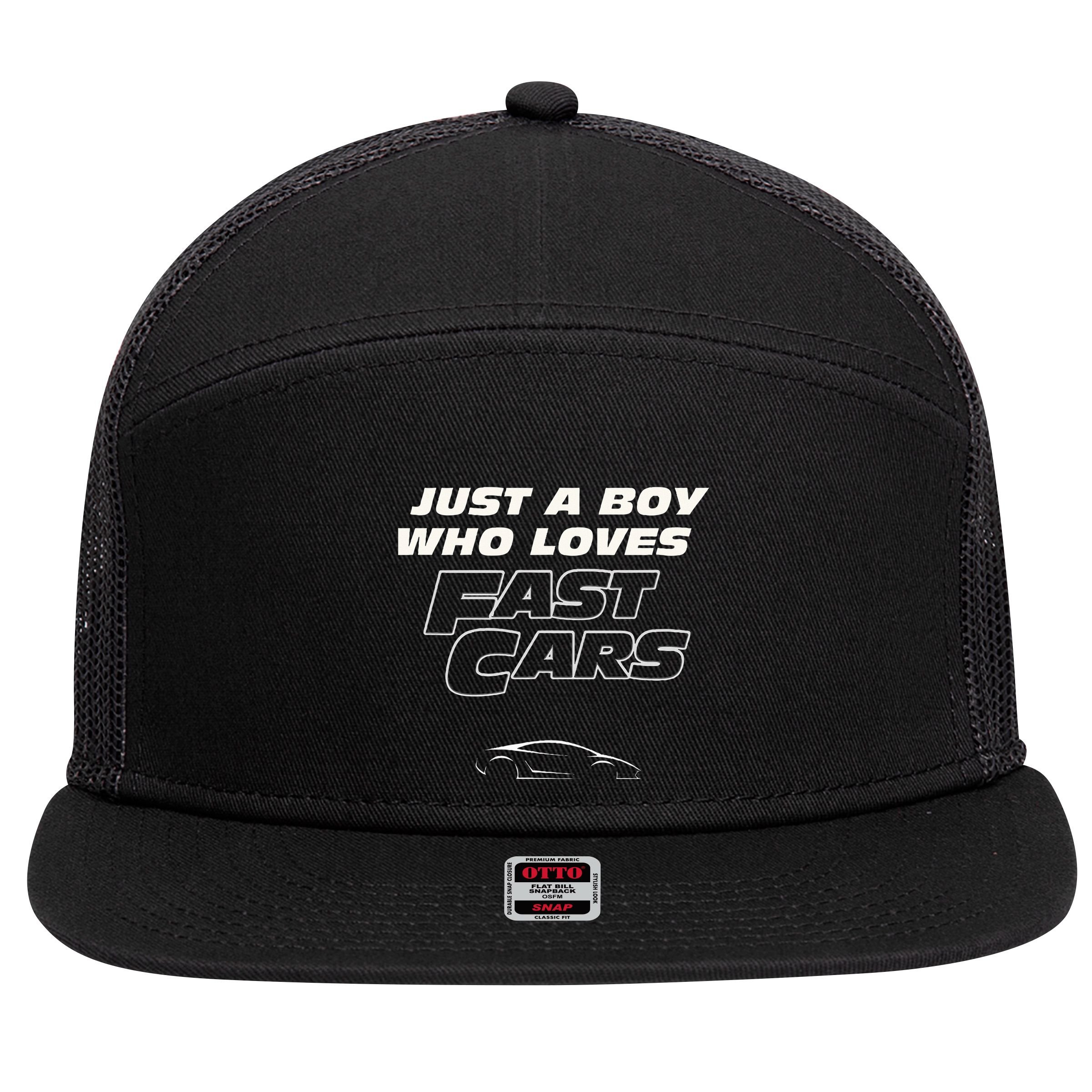 Fast Car Just A Boy Who Loves Fast Cars Funny Gift 7 Panel Mesh Trucker Snapback Hat