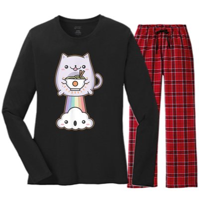 Farting Cat Japanese Ramen Noodle Kawaii Anime Gift Women's Long Sleeve Flannel Pajama Set 