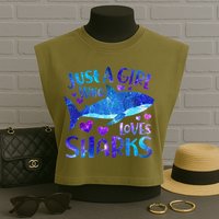 Funny Cute Just A Girl Who Loves Sharks Garment-Dyed Women's Muscle Tee