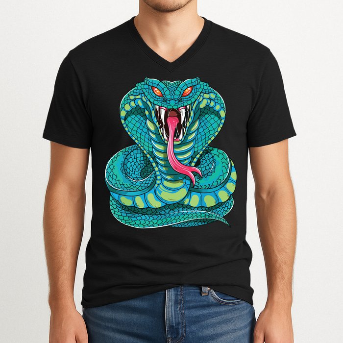 Fanged Cobra King Snake Fast Striking Fangs Bite V-Neck T-Shirt