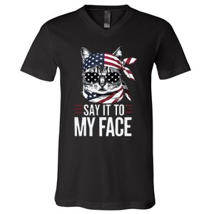 Funny Cat Kamala Harris 2024 Say It To My Face V-Neck T-Shirt