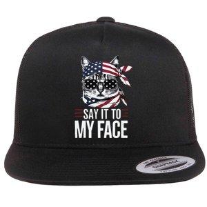 Funny Cat Kamala Harris 2024 Say It To My Face Flat Bill Trucker Hat