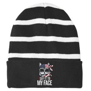 Funny Cat Kamala Harris 2024 Say It To My Face Striped Beanie with Solid Band