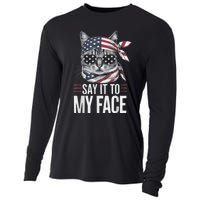 Funny Cat Kamala Harris 2024 Say It To My Face Cooling Performance Long Sleeve Crew