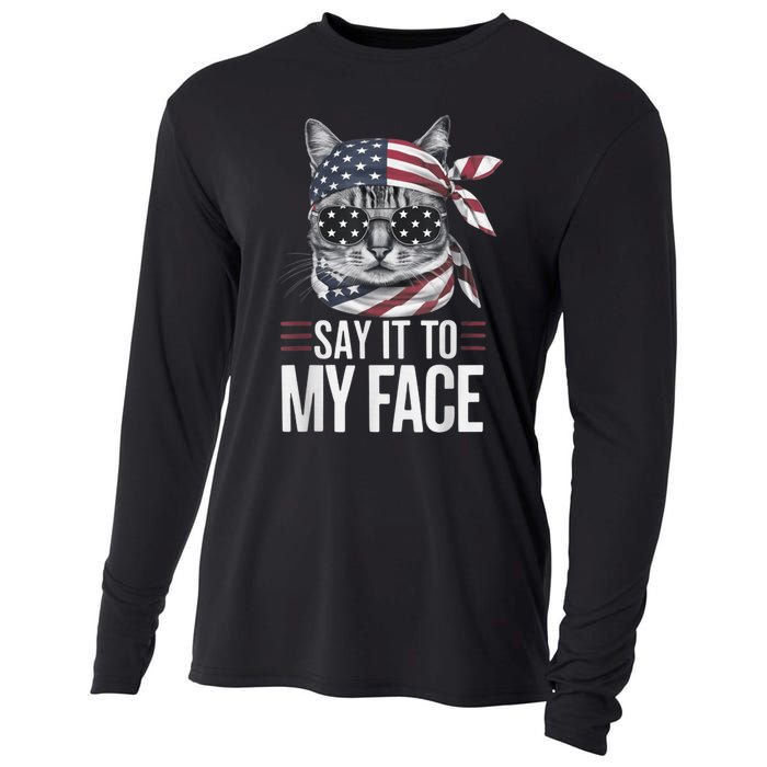 Funny Cat Kamala Harris 2024 Say It To My Face Cooling Performance Long Sleeve Crew