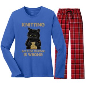 Funny Cat Knits Meaningful Gift Knitting Because Murder Is Wrong Gift Women's Long Sleeve Flannel Pajama Set 