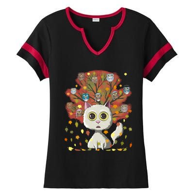 Funny Cute Kawaii Cat Owl Coffee Lover Autumn Leaves Fall Thanksgiving Cool Gift Ladies Halftime Notch Neck Tee