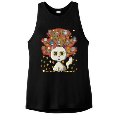 Funny Cute Kawaii Cat Owl Coffee Lover Autumn Leaves Fall Thanksgiving Cool Gift Ladies PosiCharge Tri-Blend Wicking Tank