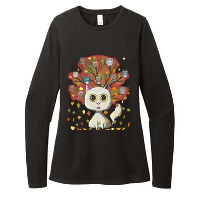 Funny Cute Kawaii Cat Owl Coffee Lover Autumn Leaves Fall Thanksgiving Cool Gift Womens CVC Long Sleeve Shirt