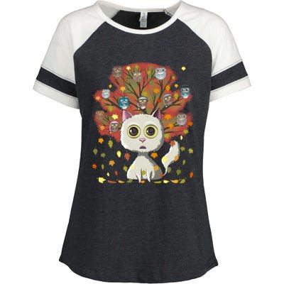 Funny Cute Kawaii Cat Owl Coffee Lover Autumn Leaves Fall Thanksgiving Cool Gift Enza Ladies Jersey Colorblock Tee