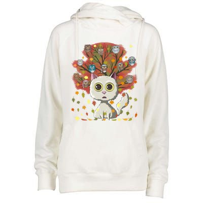 Funny Cute Kawaii Cat Owl Coffee Lover Autumn Leaves Fall Thanksgiving Cool Gift Womens Funnel Neck Pullover Hood