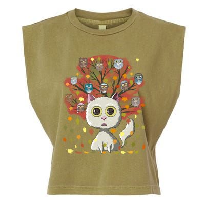 Funny Cute Kawaii Cat Owl Coffee Lover Autumn Leaves Fall Thanksgiving Cool Gift Garment-Dyed Women's Muscle Tee