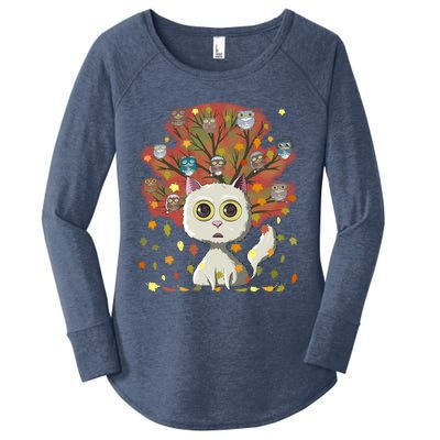 Funny Cute Kawaii Cat Owl Coffee Lover Autumn Leaves Fall Thanksgiving Cool Gift Women's Perfect Tri Tunic Long Sleeve Shirt