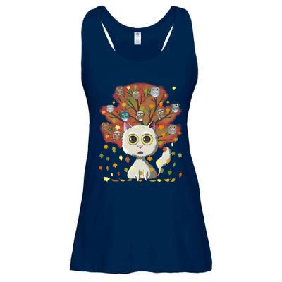 Funny Cute Kawaii Cat Owl Coffee Lover Autumn Leaves Fall Thanksgiving Cool Gift Ladies Essential Flowy Tank