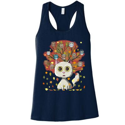 Funny Cute Kawaii Cat Owl Coffee Lover Autumn Leaves Fall Thanksgiving Cool Gift Women's Racerback Tank