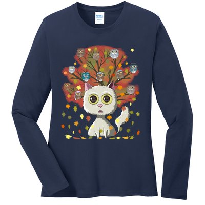 Funny Cute Kawaii Cat Owl Coffee Lover Autumn Leaves Fall Thanksgiving Cool Gift Ladies Long Sleeve Shirt