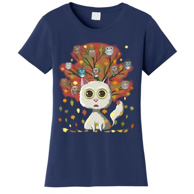 Funny Cute Kawaii Cat Owl Coffee Lover Autumn Leaves Fall Thanksgiving Cool Gift Women's T-Shirt