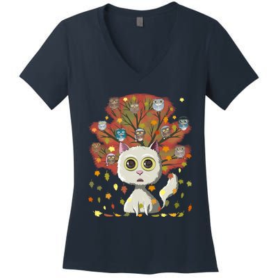 Funny Cute Kawaii Cat Owl Coffee Lover Autumn Leaves Fall Thanksgiving Cool Gift Women's V-Neck T-Shirt