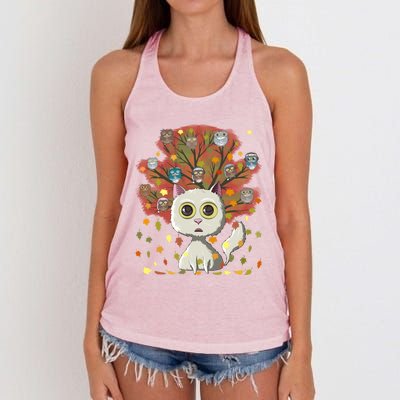 Funny Cute Kawaii Cat Owl Coffee Lover Autumn Leaves Fall Thanksgiving Cool Gift Women's Knotted Racerback Tank